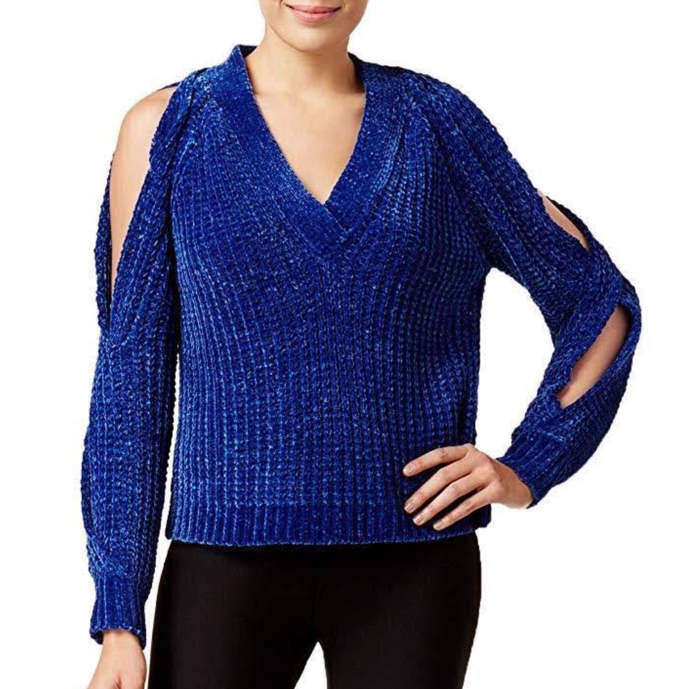Marled Twist Cold-Shoulder Sweater Blue Size XL